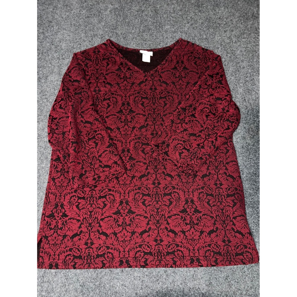 BonWorth Womens Red Black Damask V-Neck 3/4 Sleeve Top Size L 36306